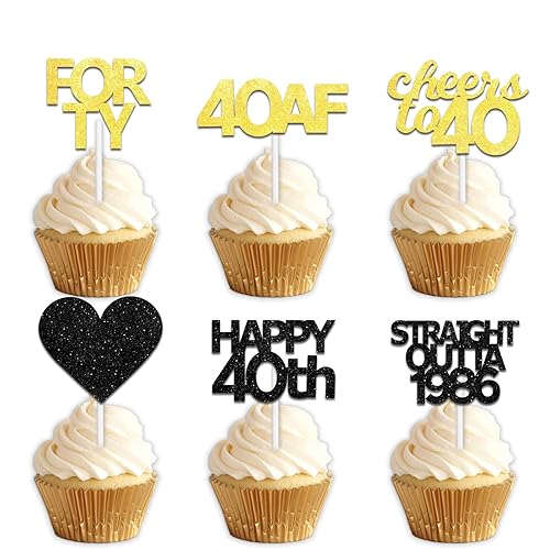 18pcs Black Gold Glitter Dessert Cupcake Pick for Straight Outta 1986 Cheer to 40 Years Old Theme Decor Supplies Happy 40th Birthday Party Decoration