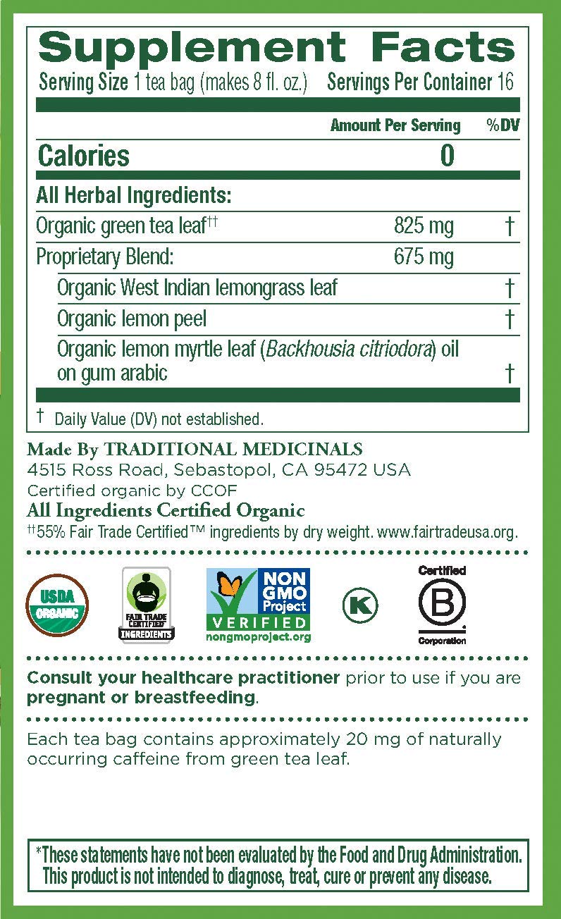 Traditional Medicinals Organic Green Tea Lemongrass Herbal Tea, Health Support, (Pack of 2) - 32 Tea Bags Total