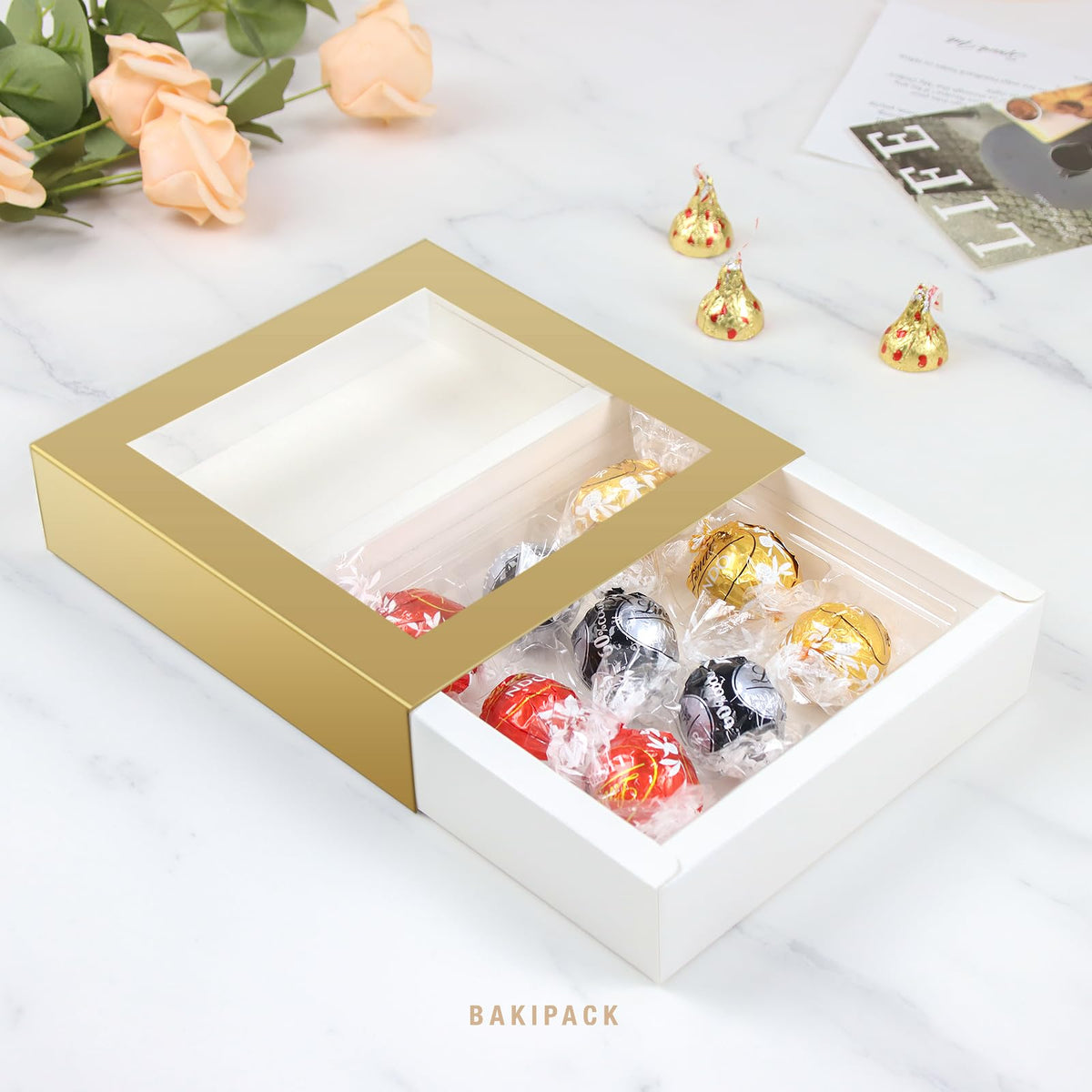 BAKIPACK 12 Gold Truffle Boxes with 9-Piece Plastics Tray, Chocolates Boxes