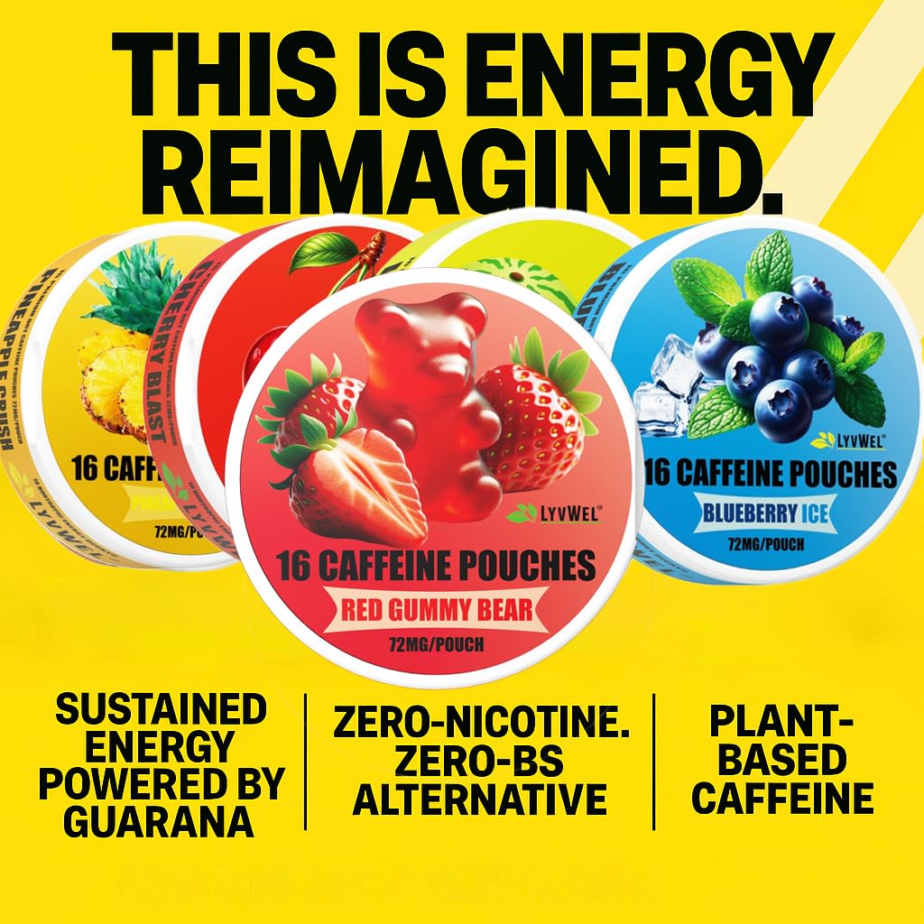 LyvWel 72mg Caffeine Energy Pouches - Pineapple Crush - Clean Tropical Energy with Guarana - 5-Pack (80 Total Pouches)