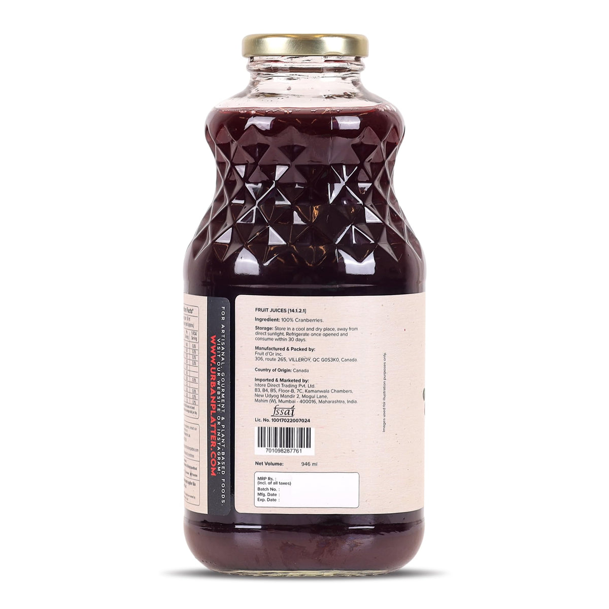 Urban Platter Canadian Cranberry Juice 1 Litre (Unsweetened No ed Sugar 100% Natural Cranberry Juice Good for UTI Health Perfect for Cocktails