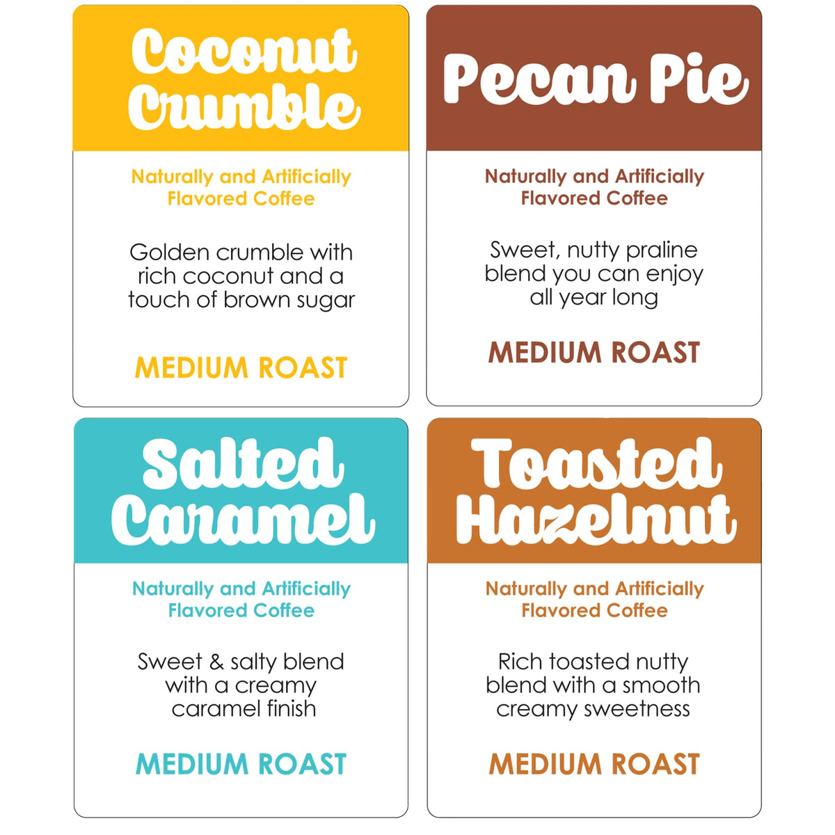 Donut Café - Gourmet Coffee Medium Roast Flavored Variety Pack - Pecan Pie, Coconut Crumble, Salted Caramel, Toasted Hazelnut - Single Serve Coffee