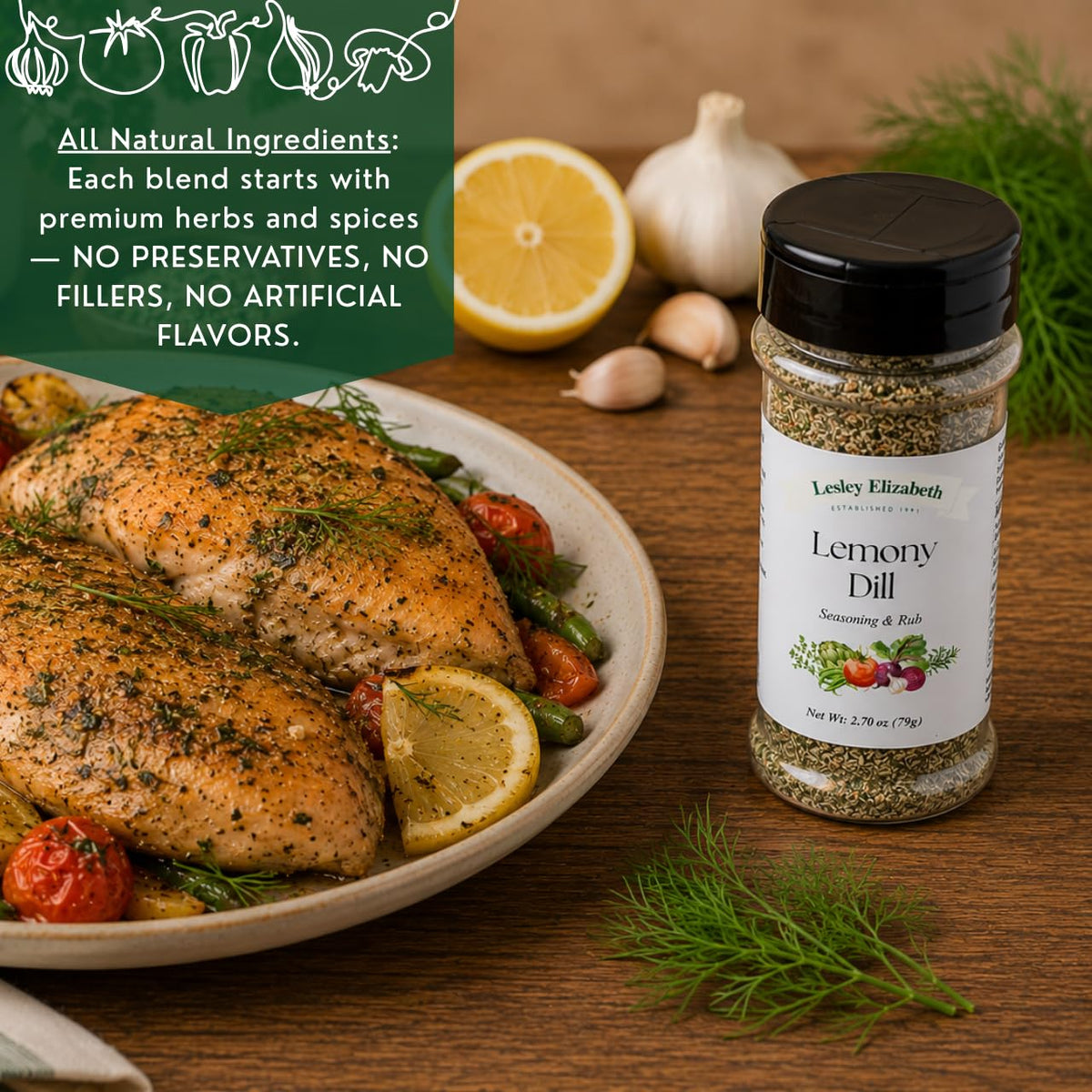 Lesley Elizabeth Lemony Dill Seasoning & Rub - Fresh Citrus & Herb Blend for Chicken, Fish, Seafood & Vegetables | All-Purpose Gourmet Grill & Cooking