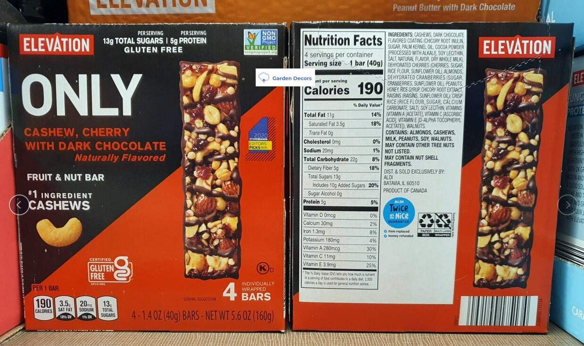 Elevation ONLY Cashew, Cherry with Dark Chocolate Fruit & Nut Bar 5.6oz 160g (2 Boxes)