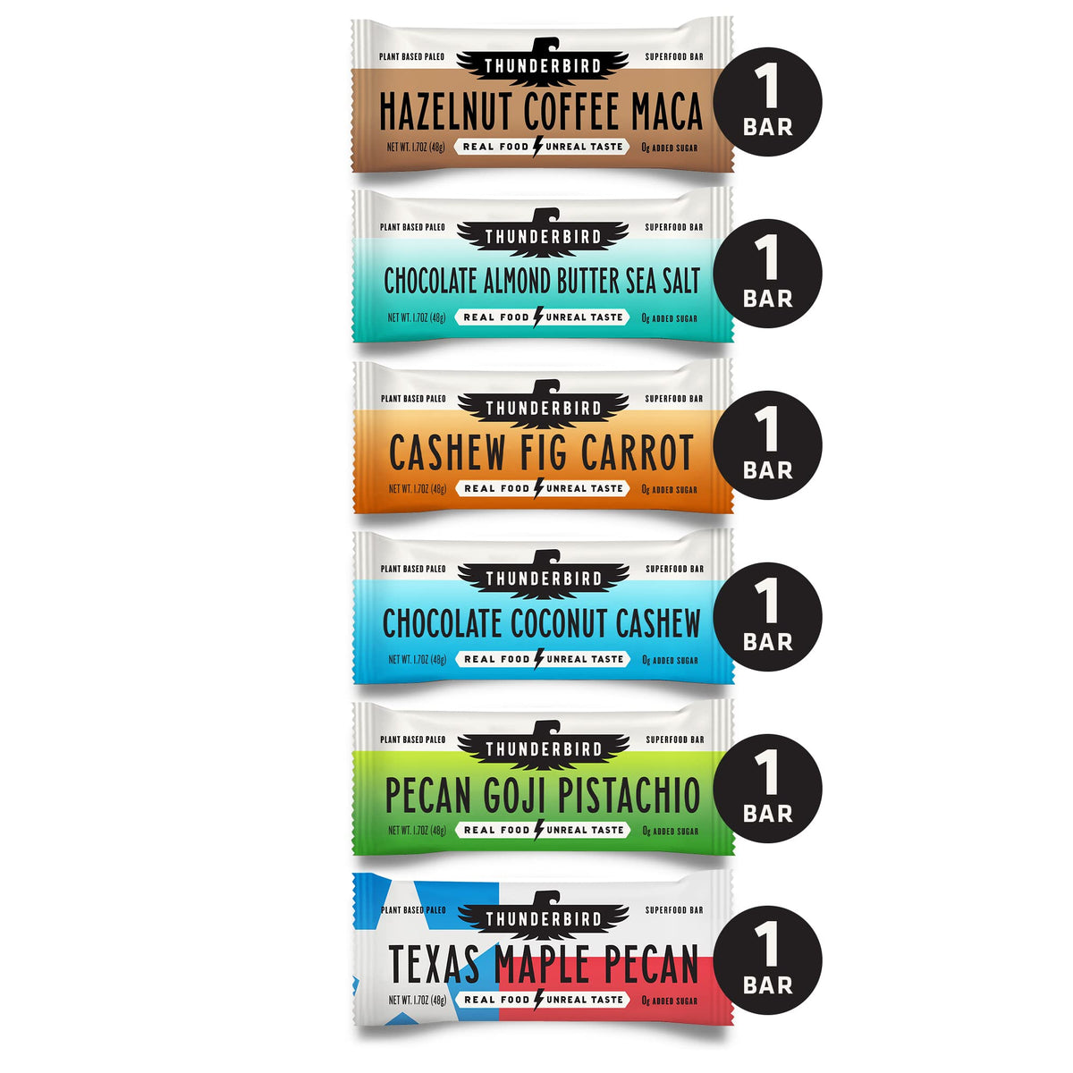 Thunderbird Real Food Bars - Gluten Free, Paleo, Vegan Snack Food Bar Variety Pack - 102 Ounce