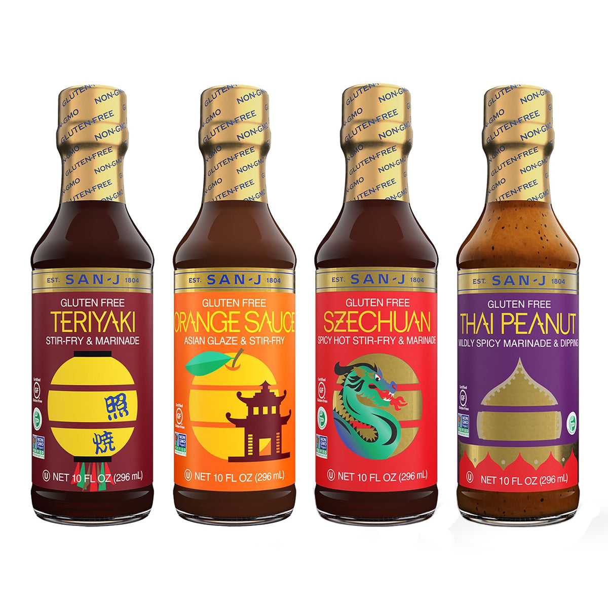 San-J - Spice of Life Variety Pack- Teriyaki, Orange Sauce, Szechuan, Thai Peanut - All Gluten Free Cooking Sauces - Non-GMO - 10 oz. Bottles - 4 Pack