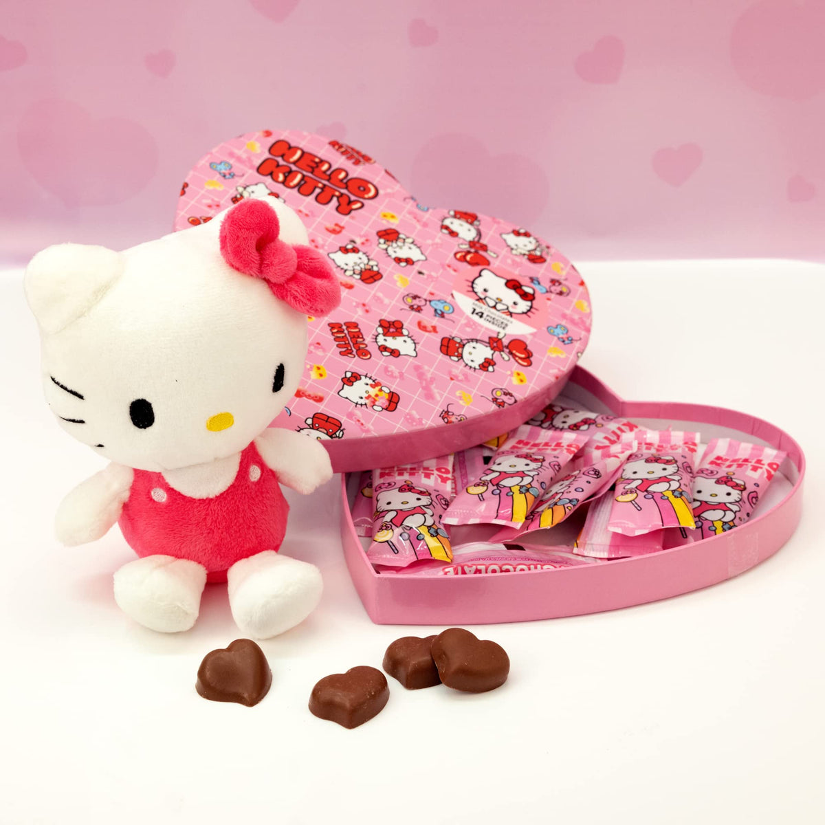 Galerie Hello Kitty Heart Box with Plush, Milk Chocolate Candy Assortment, Valentines Gift for Girls, 14 Individually Wrapped Candies, 2.96 Ounces