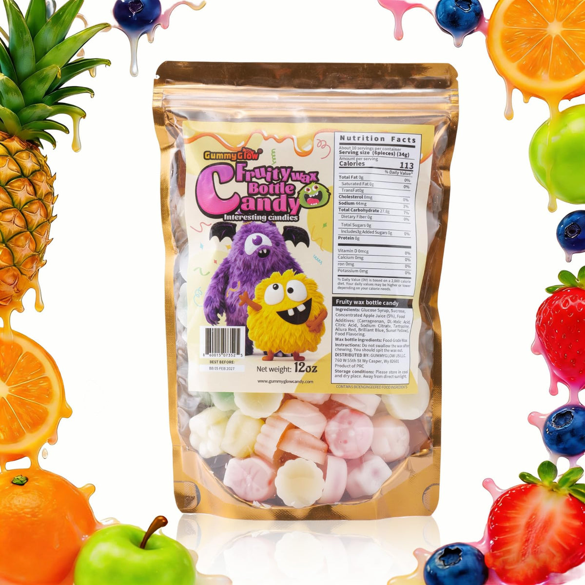 GummyGlow 12oz Upgraded Wax Candy Bulk Pack, Retro Chewy Sweets with 5 Assorted Flavors (55-65 Pieces), Nostalgic Treats for Old School Lovers