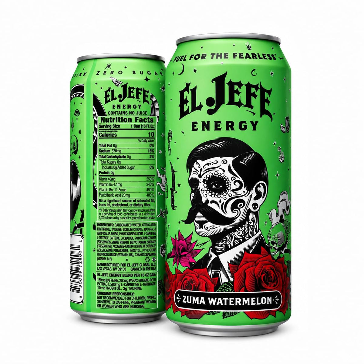 EL JEFE Energy Drink, Zuma Watermelon, Zero Sugar, 16 fl oz Cans, 12-Pack