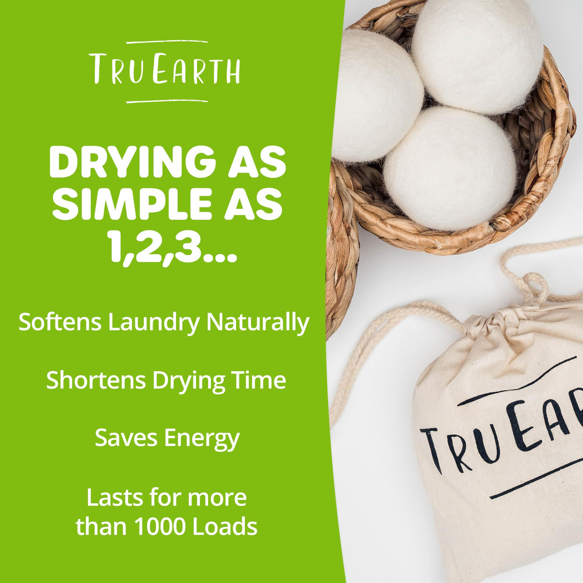 Tru Earth Wool Dryer Balls, Set of 4 XL 100% Wool Anti-Static Balls for Laundry, Reusable & All Natural