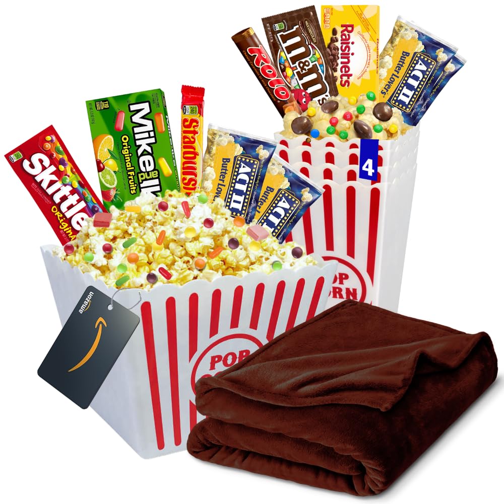 Movie Night Popcorn and Candy Gift Basket with Fleece Blanket, Plus 1 Movie Night Gift Card - Delicious Snacks and a Fun Movie Experience - Friendly