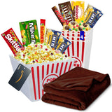 Movie Night Popcorn and Candy Gift Basket with Fleece Blanket, Plus 1 Movie Night Gift Card - Delicious Snacks and a Fun Movie Experience - Friendly