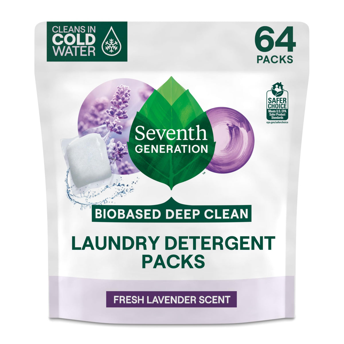 Seventh Generation Laundry Detergent Packs, Lavender, Biobased Deep Clean, EPA Safer Choice Certified, 64 Count
