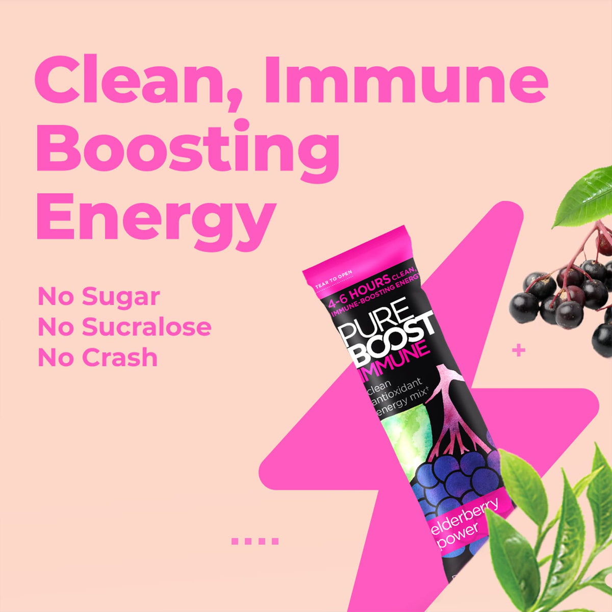 Pureboost Sugar-Free Immune Clean Energy Booster Drink Mix, Elderberry 30ct