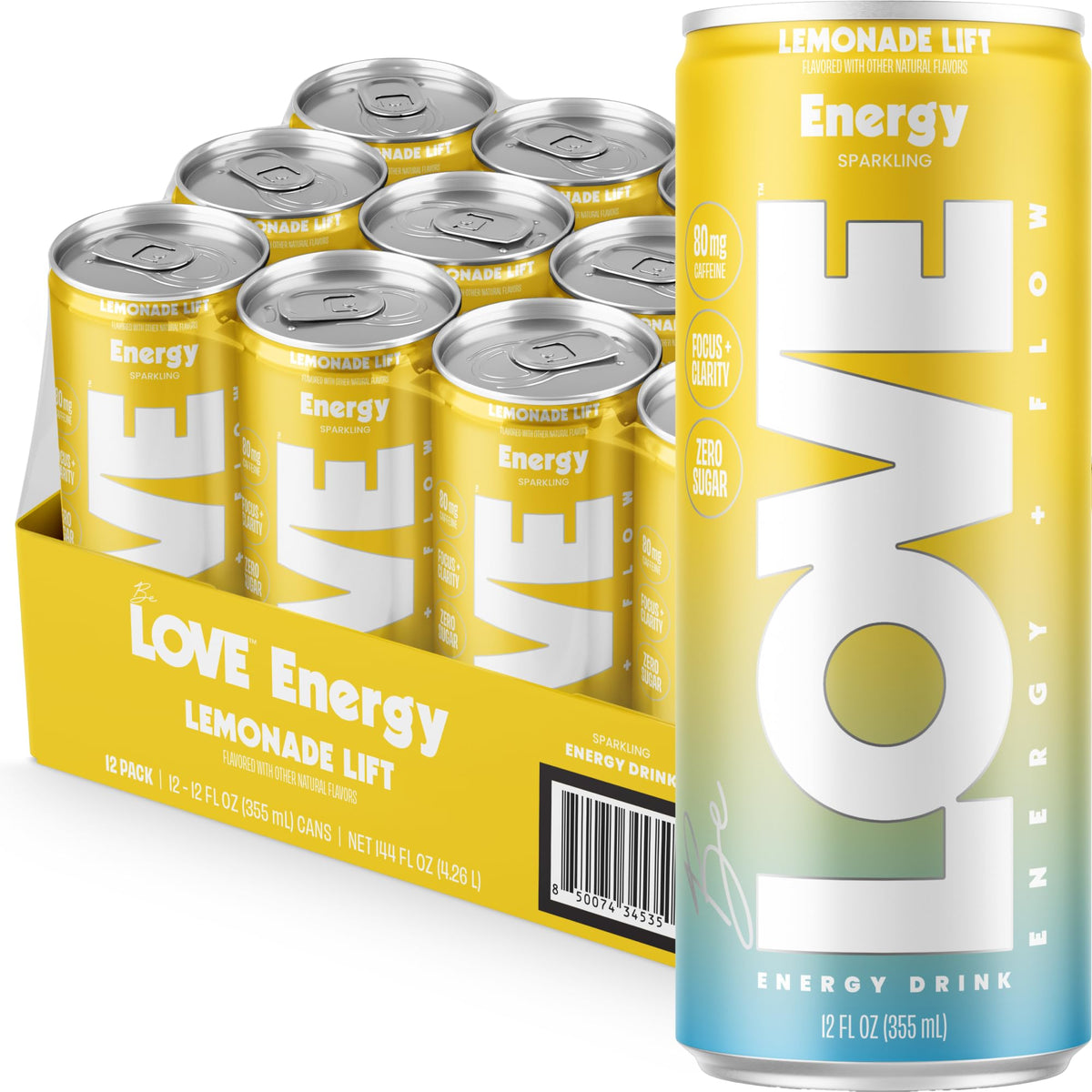 Be LOVE™ Nootropic Energy Drink - 80mg Natural Caffeine, L-Theanine & Alpha-GPC for Clean Calm Focus - Zero Sugar, Low Calorie, 100% DV B-Vitamins