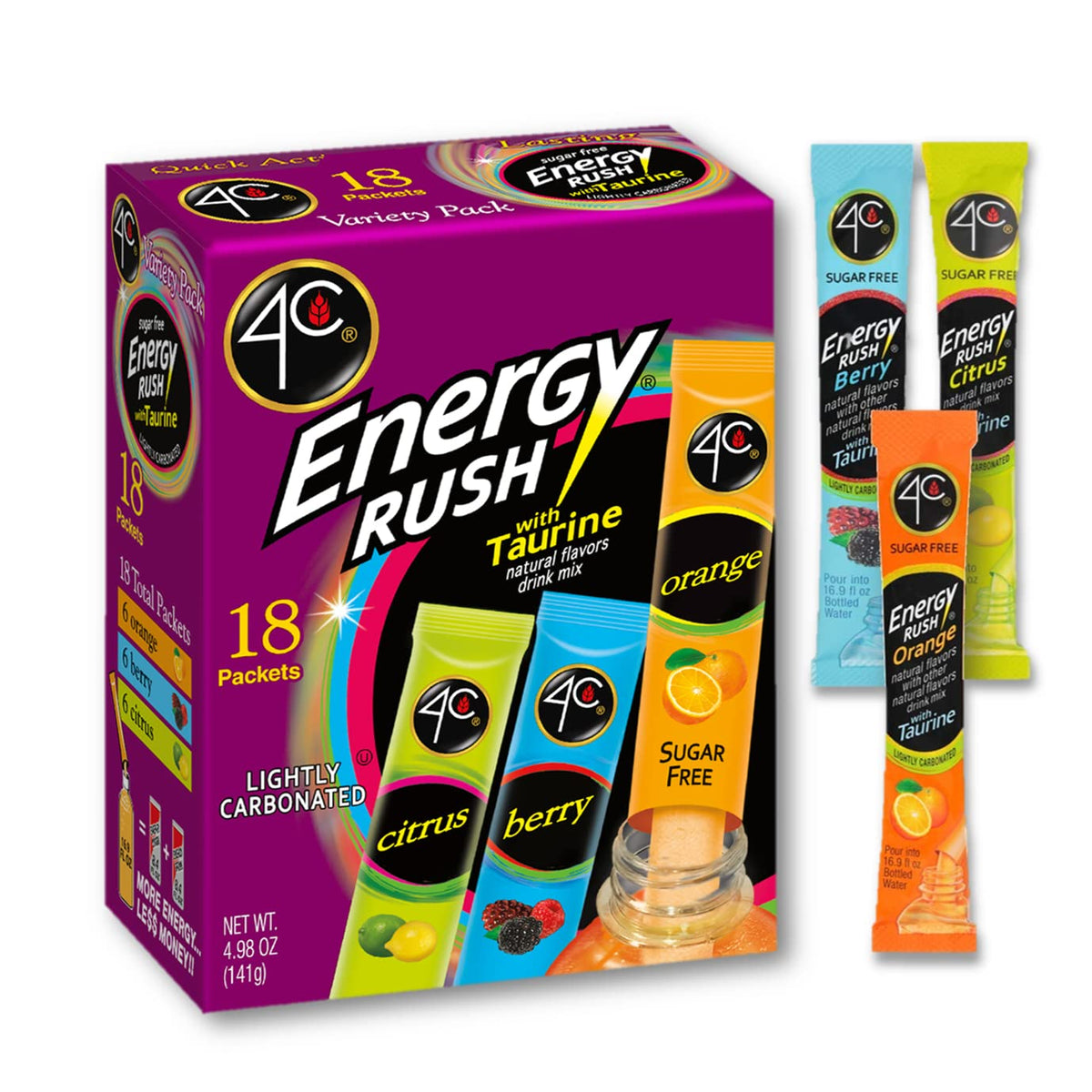 4C Energy Rush Stix, Variety 1 Pack, 18 Count, Single Serve Water Flavoring Packets, Sugar Free with Taurine, On the Go Bundle