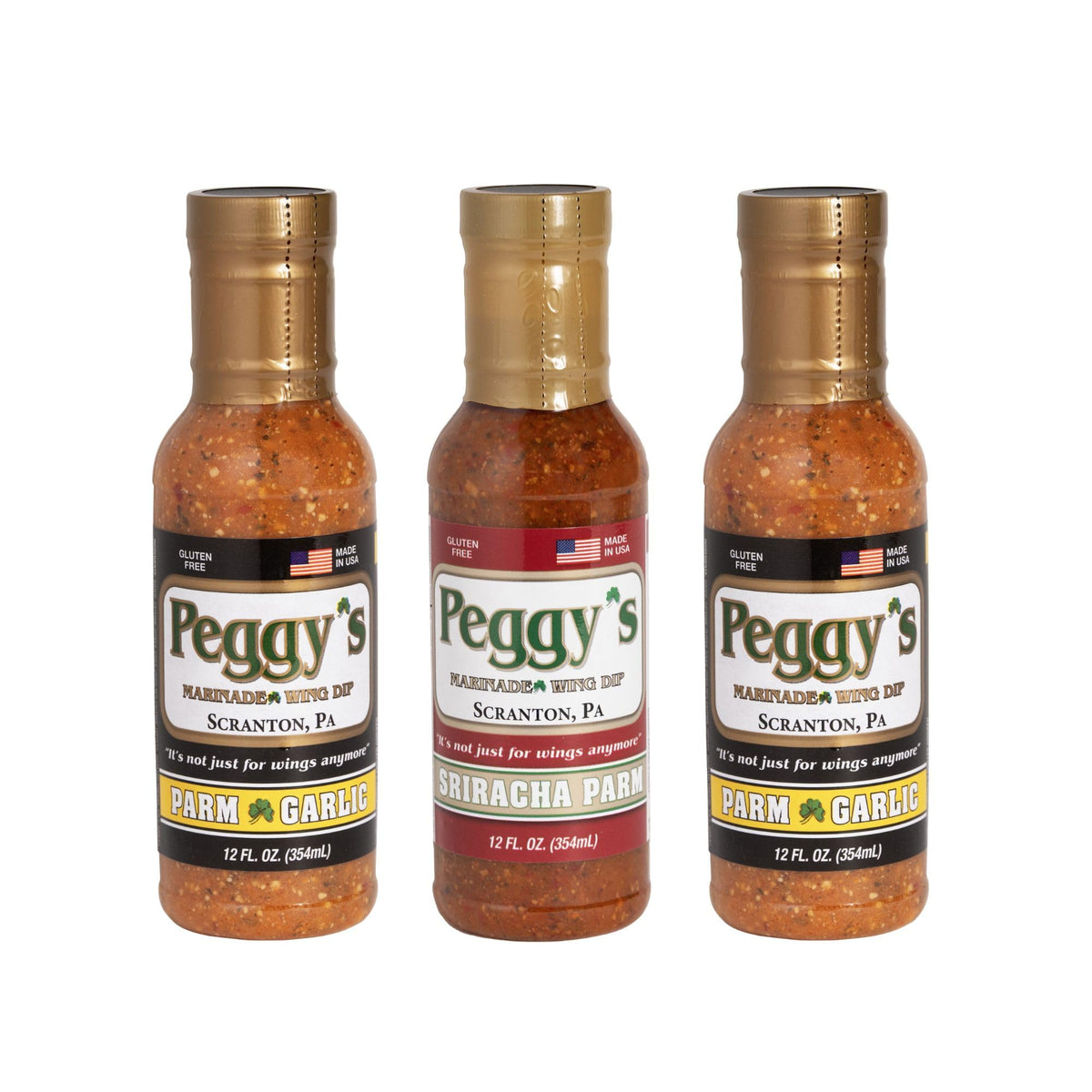 Peggy's Variety Pack - 2 Garlic Parmesan & 1 Sriracha Parmesan Sauce (12oz Each) | Scranton, PA Local Brand | Made in USA | Perfect for Marinades