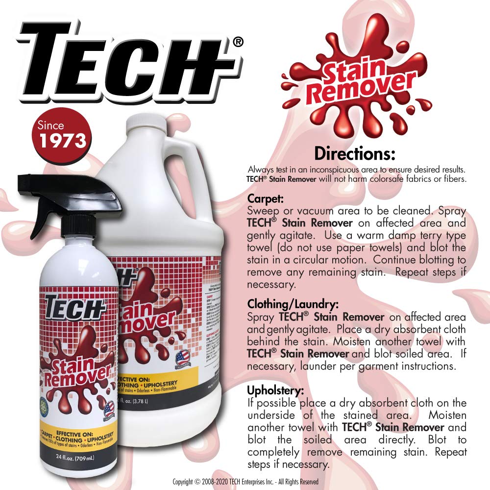 TECH Stain Remover, 24 oz Spray Bottle, 6 Pack, For Carpet, Clothes, Upholstery, and Other Fabrics