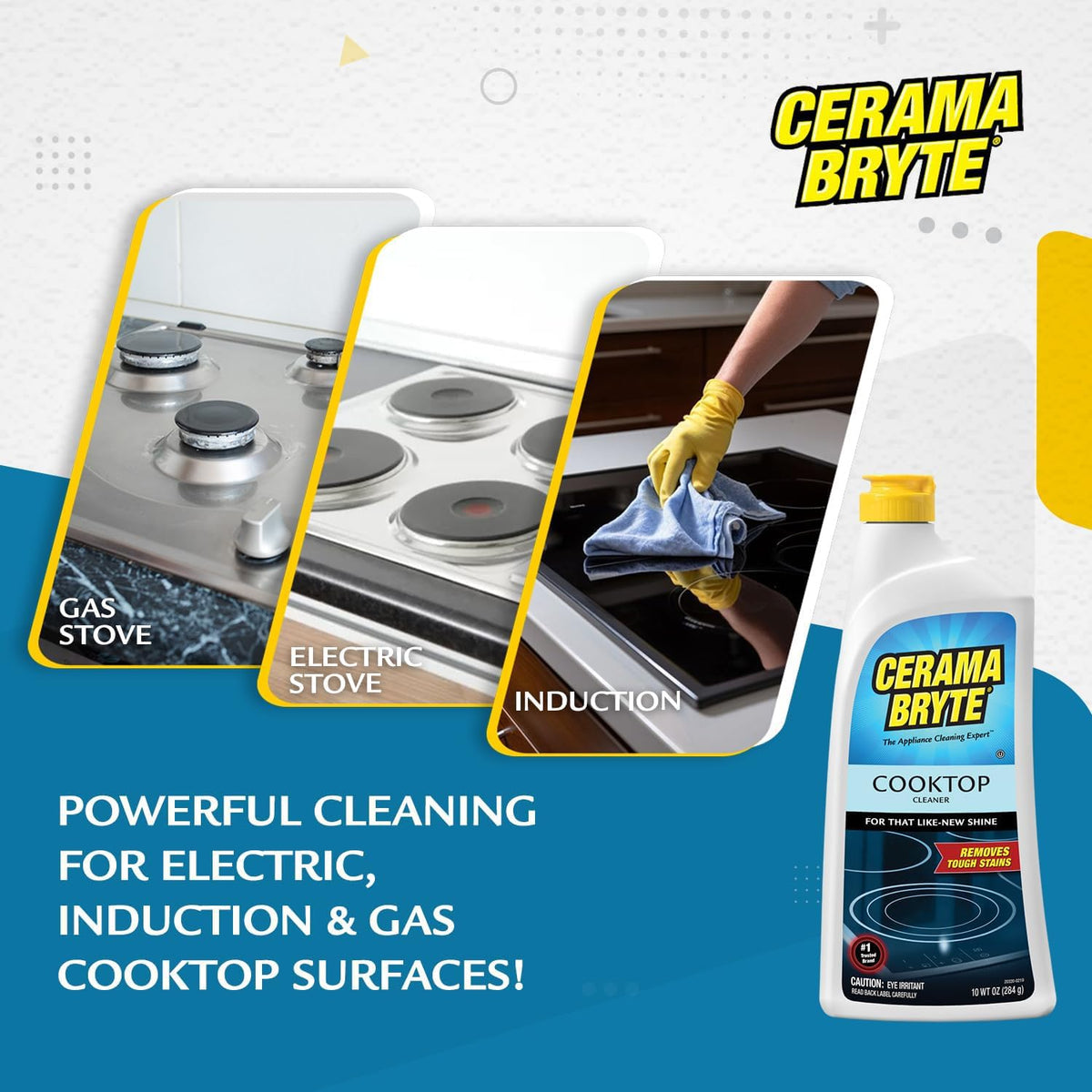 Cerama Bryte Combo Kit Pads & Removes Tough Stains Cooktop and Stove Top Cleaner for Glass - Ceramic Surfaces, 10 Ounces