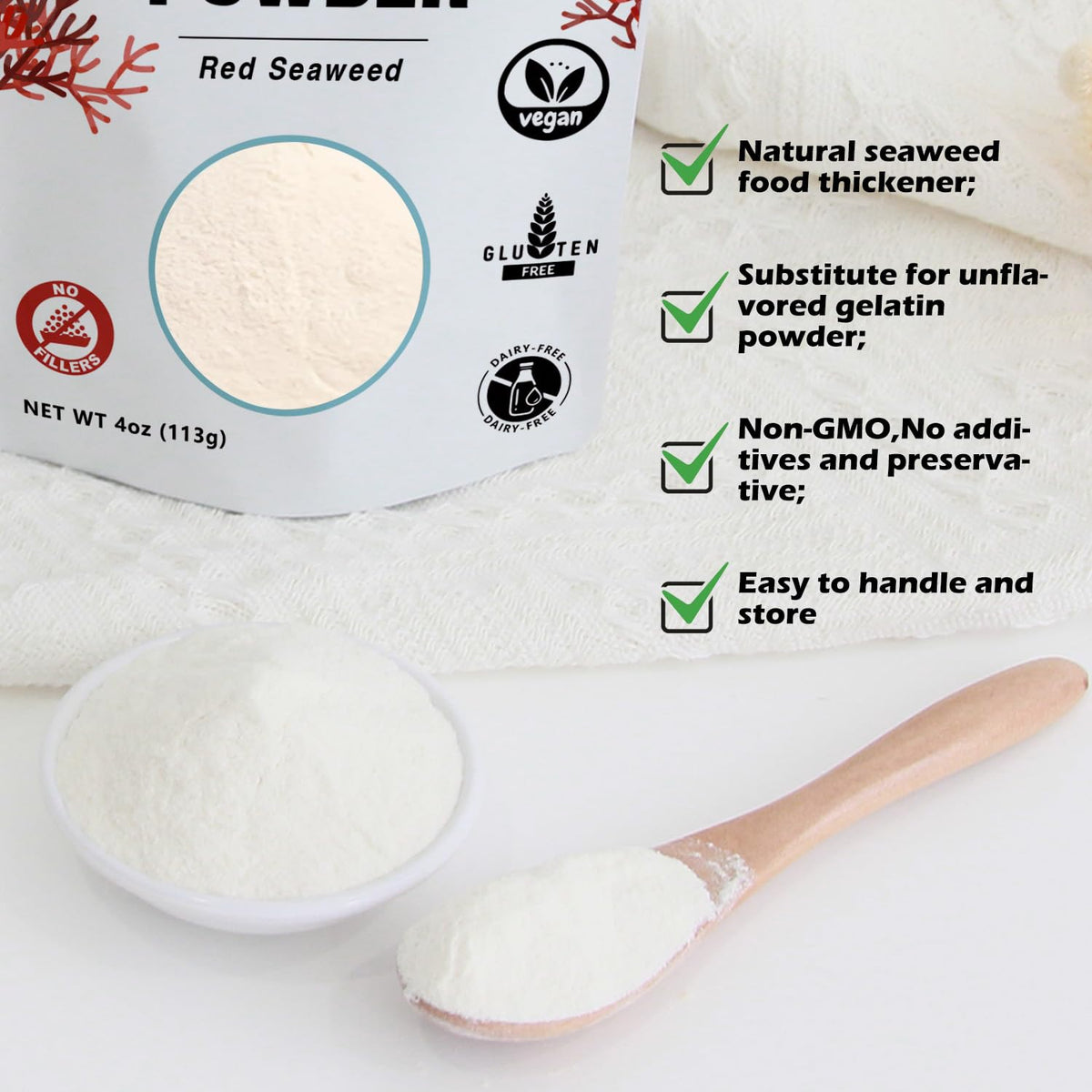 Agar Agar Powder, Vegan Unflavored Gelatin Substitute, Non-GMO, Gluten Free, No Additives and Preservatives, 4oz