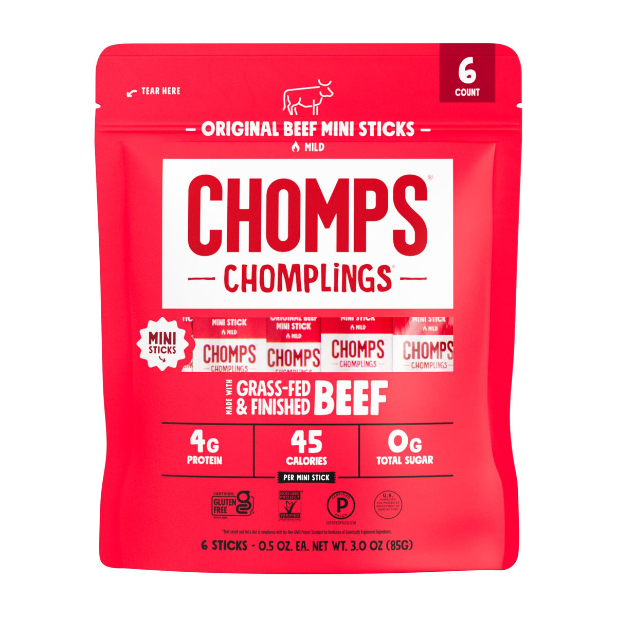 Chomps, Grass Fed Beef Jerky Meat Snack Sticks, Original Beef, 0.5 Ounce, 6 Count