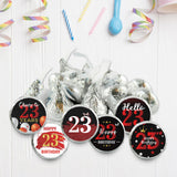 Happy 23rd Birthday Party Favor Labels Chocolate Kisses Candy Stickers - Twenty Three Years Old Birthday Round Candy Sticker Party Favors - Black