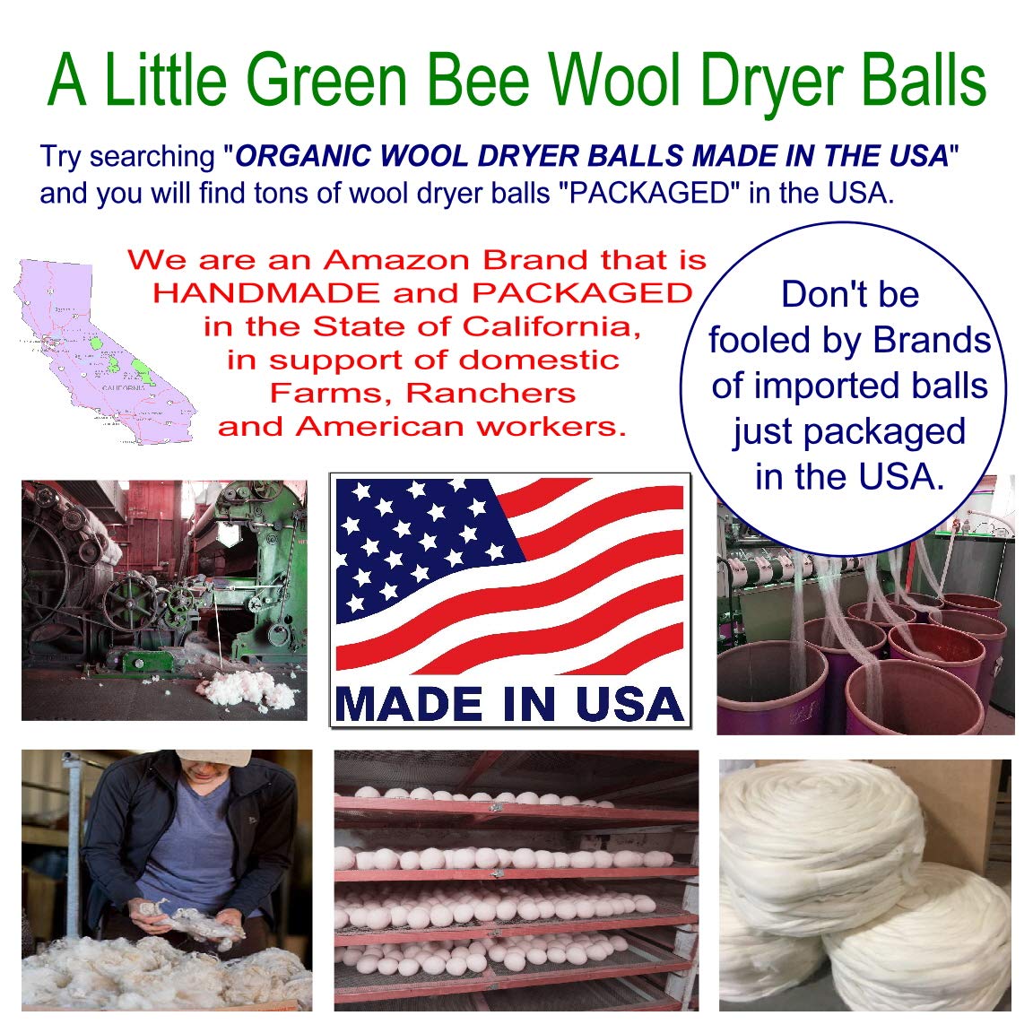 A Little Green Bee 6 Eco-Friendly Wool Dryer Balls -Set of Six 100% Handmade, Natural and Unscented