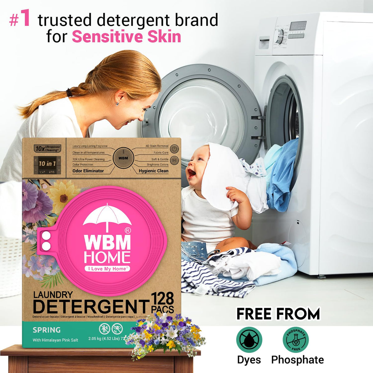 WBM Laundry Detergent Pods, Spring Fragrance Scent, 128 Count - HE Concentrated Laundry Pods With 10x Ultrapower Cleaning and 4D Laundry Stain Remover