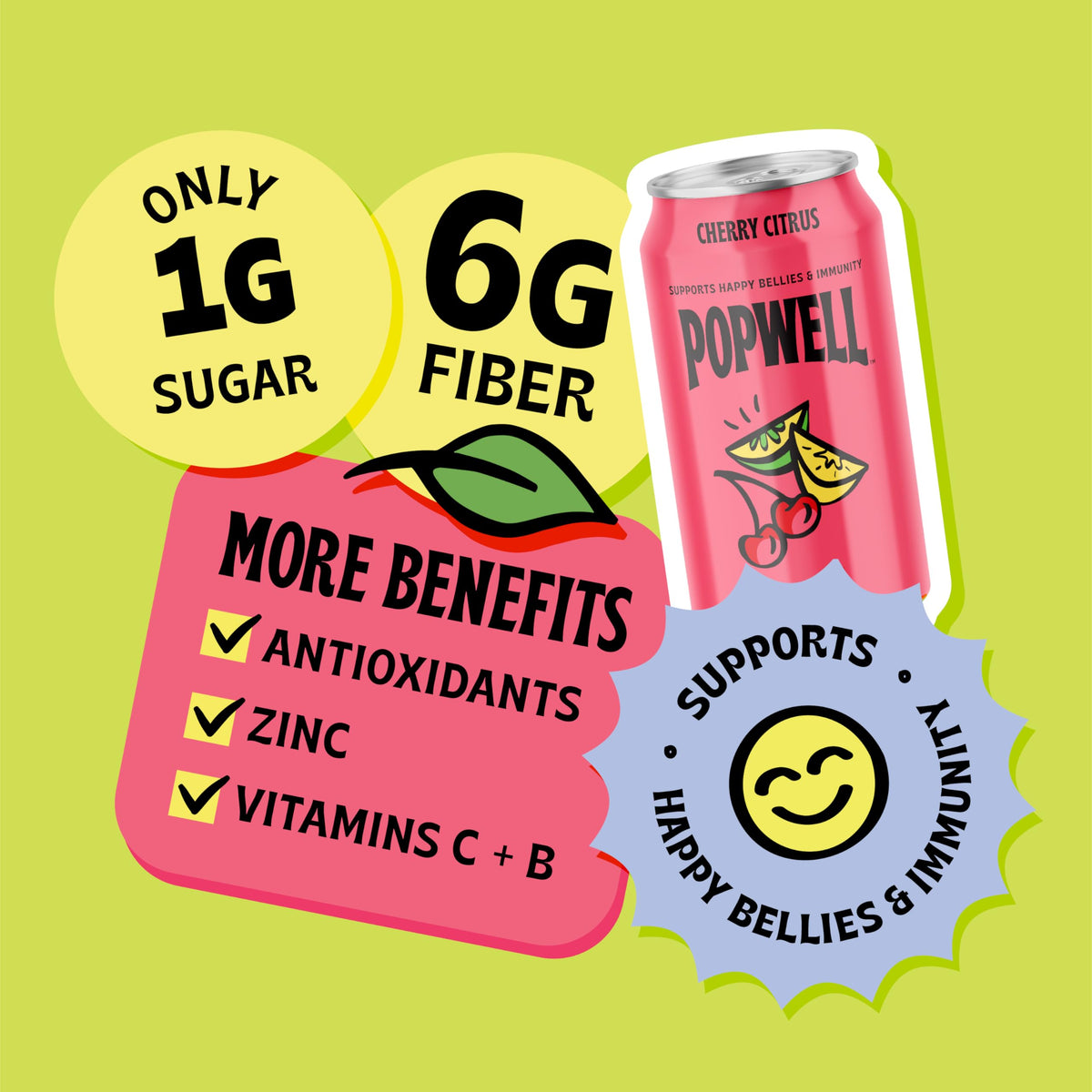 Popwell Cherry Citrus Better-For-You Prebiotic Soda, with 6g Fiber, 1g Sugar, Vitamins and Immunity Support, 12 fl oz Cans (pack of 12)