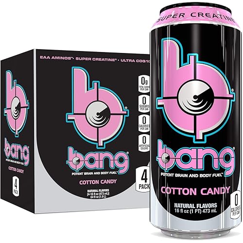 Bang Cotton Candy Energy Drink, 0 Calories, Sugar Free with Super Creatine, 16oz, 4 Count