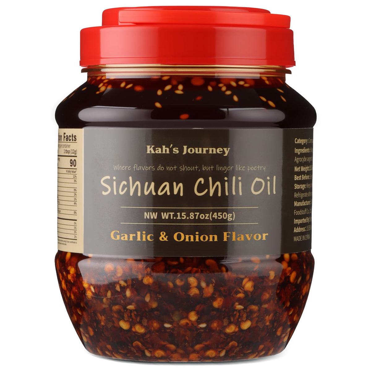 Kah's Journey Chili Oil - 15.87oz (450g) Spicy Chili Crisp with Crunchy Garlic and Onion Flavor, Vegan, Sugar Free Chili Sauce