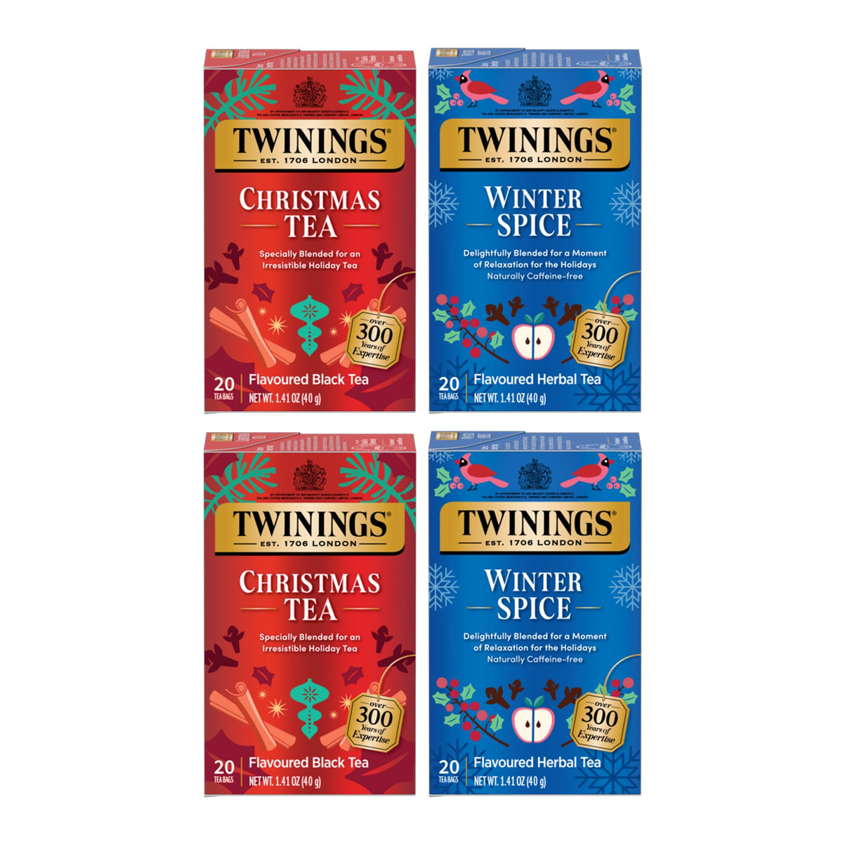 Twinings Holiday Variety Pack Tea Bags, Christmas Tea and Winter Spice, 20 Count (Pack of 4), Enjoy Hot or Iced, 80 Teabags