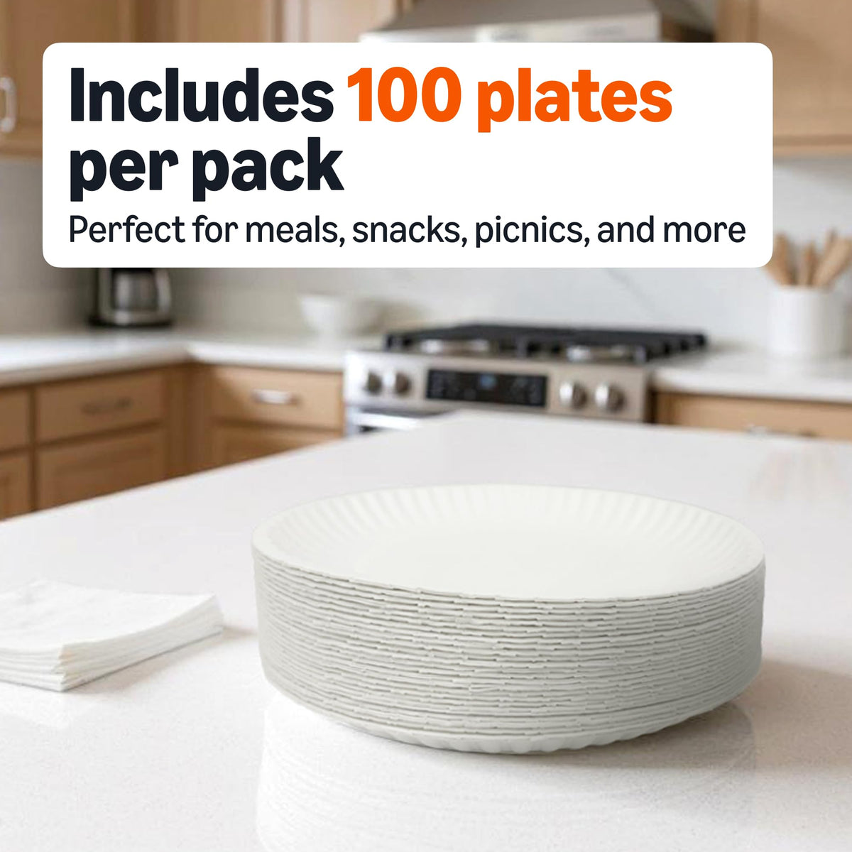 Amazon Basics 9" Uncoated White Paper Plates, Microwave Safe, 100 Count
