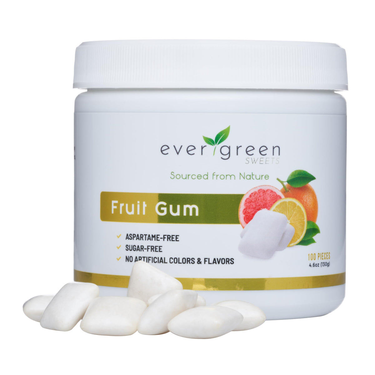 Evergreen Sweets Chewing gum -100 Pieces Jar - Natural Fruit Gum Made with Xylitol and Stevia - Sugar-Free, Aspartame Free and Vegan 3 Pack