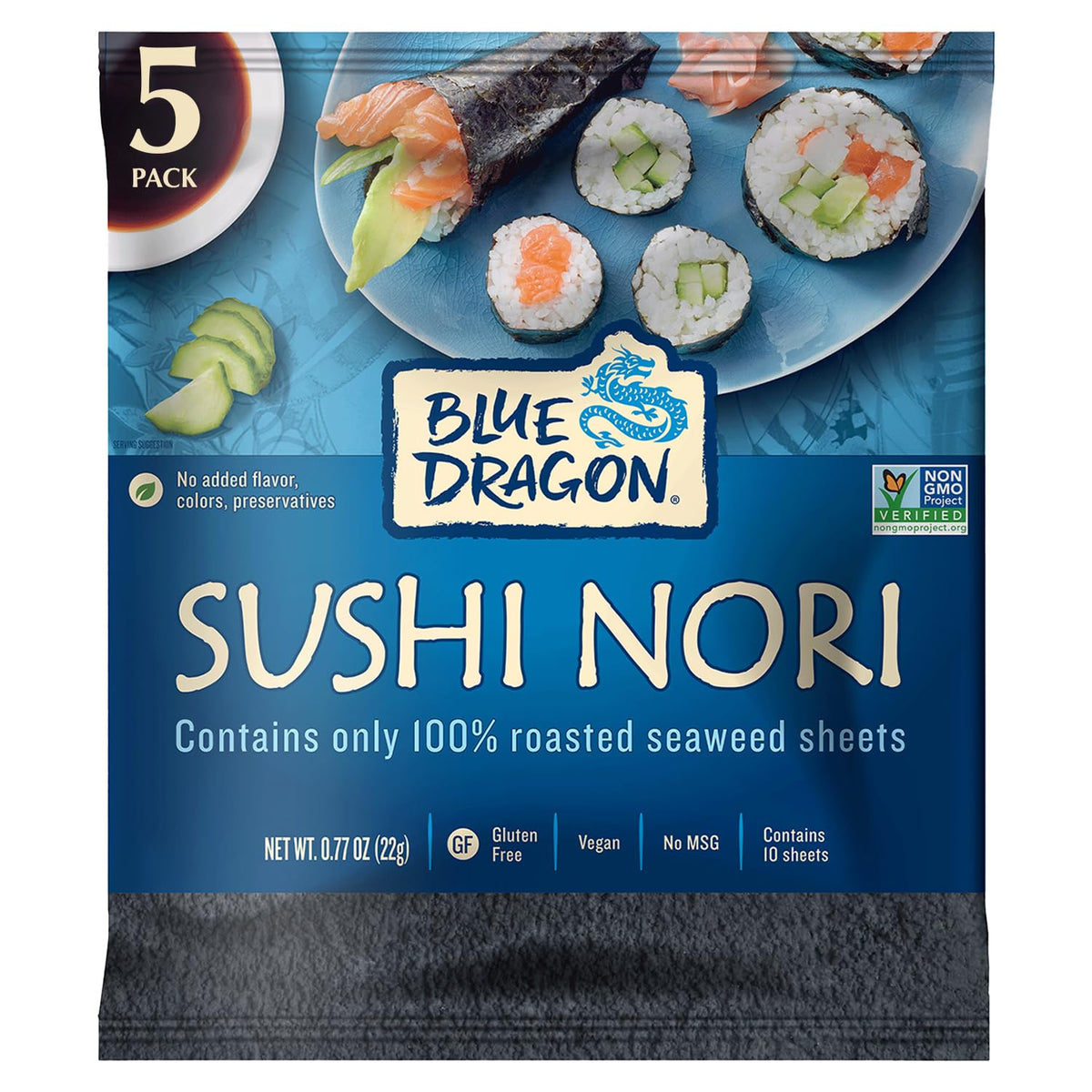 Blue Dragon Sushi Nori - 0.77oz (Pack of 5) - No Artificial Flavors Or Preservatives - Made With 100% Roasted Seaweed Sheets - Vegan, Gluten Free