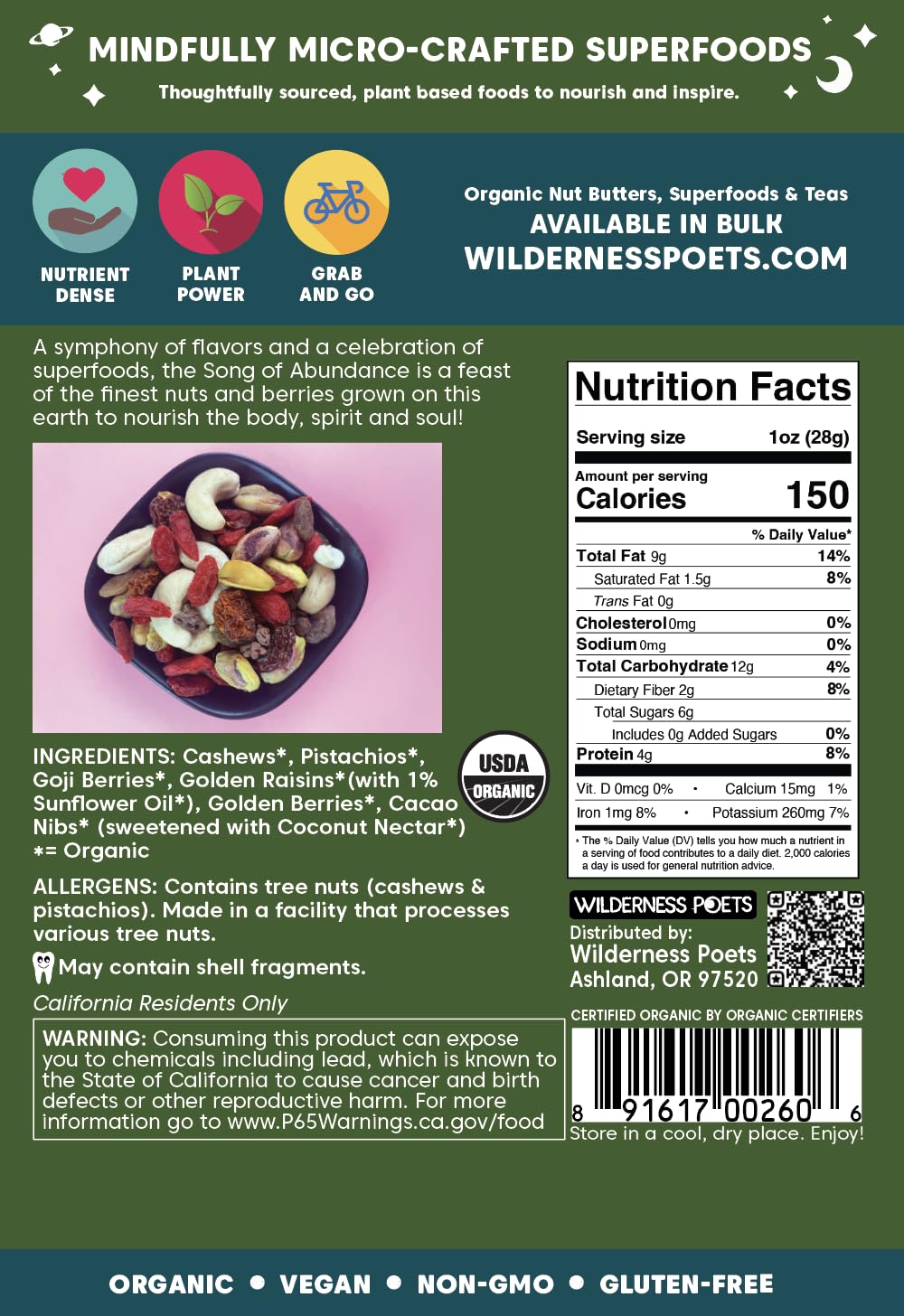 Wilderness Poets, Abundance Wild Mix - Organic Raw Superfood Blend (3.25 Ounce) Cashew, Pistachio, Goji Berry, Cacao, Golden Raisin, Golden Berry