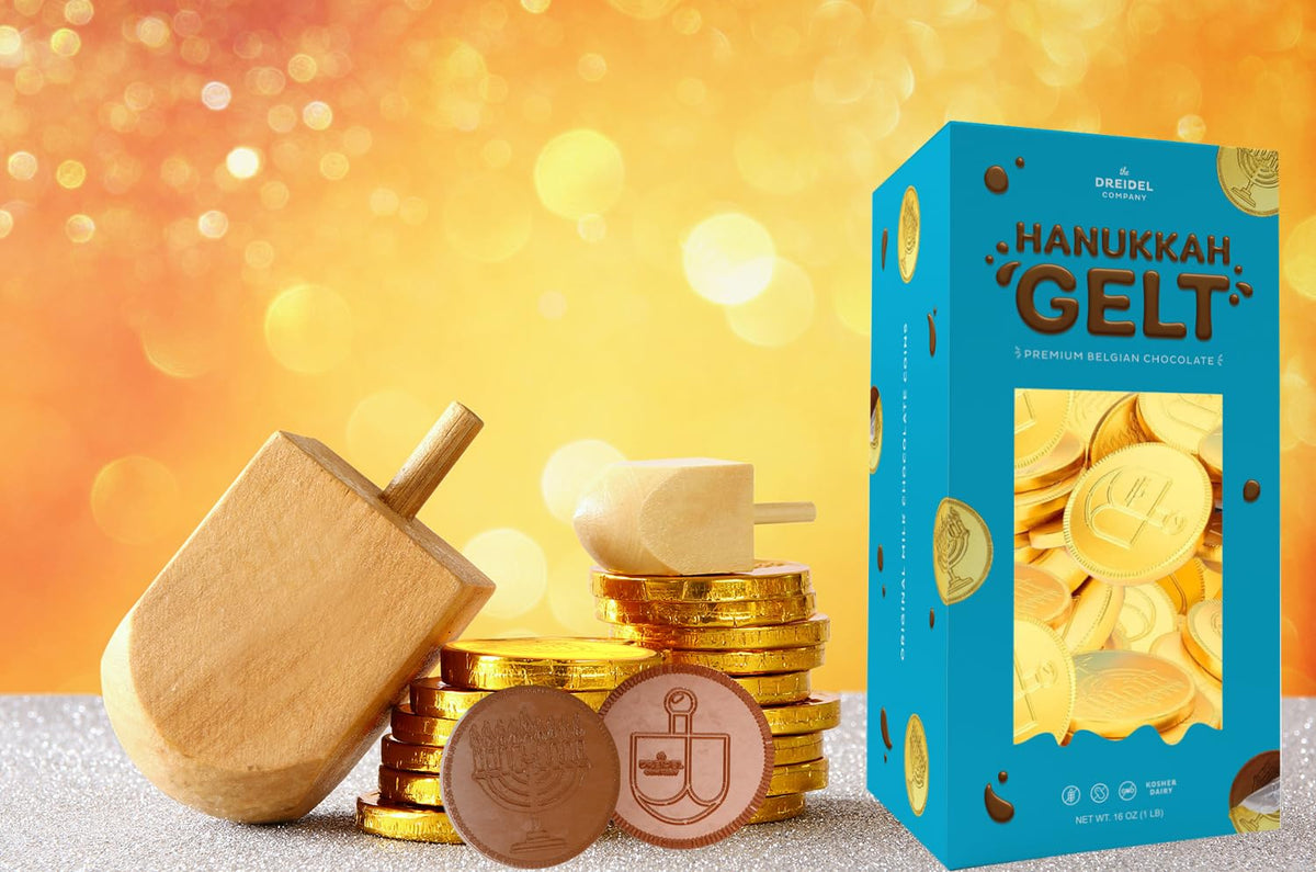 The Dreidel Company 2-Pounds Hanukkah Coins, With Menorah And Dreidel Designs Nut-Free, Made With Premium Belgian Ingredients, Kosher Certified OU-D