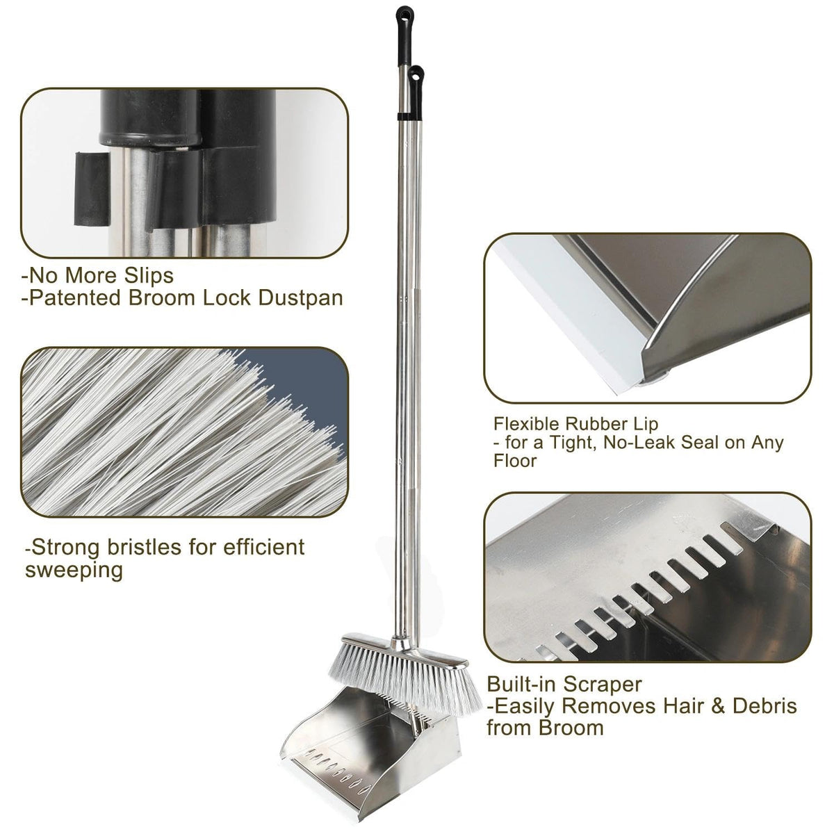 Metal Dustpan with Broom Set, Long Handle Stainless Steel Dustpan,Heavy Duty Standing Dust Pan with Teeth, Indoor Outdoor Up for Home Kitchen Lobby