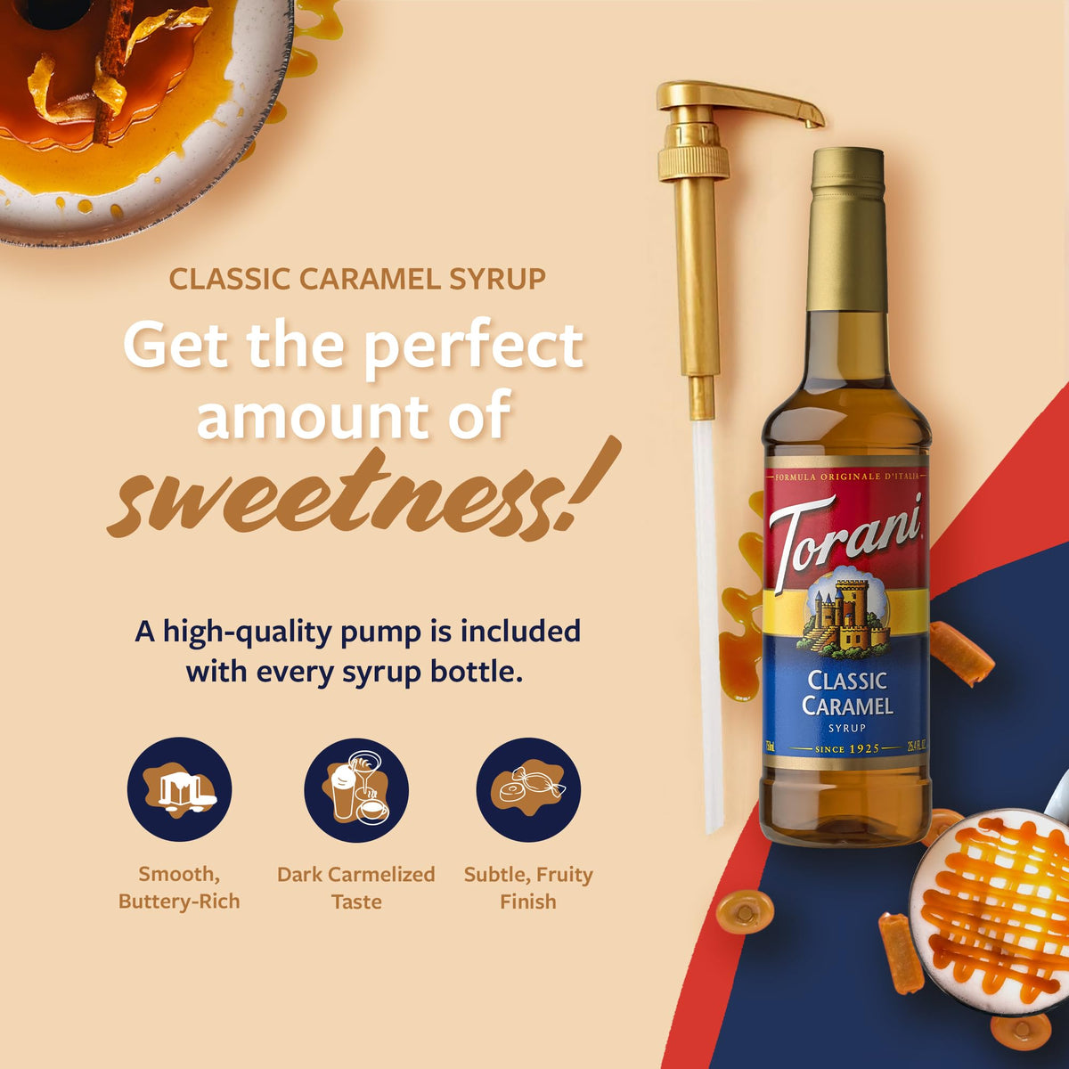 Torani Coffee Syrup, Classic Caramel Flavored Syrup for Drinks, Pump Included, 25.4 Fl Oz