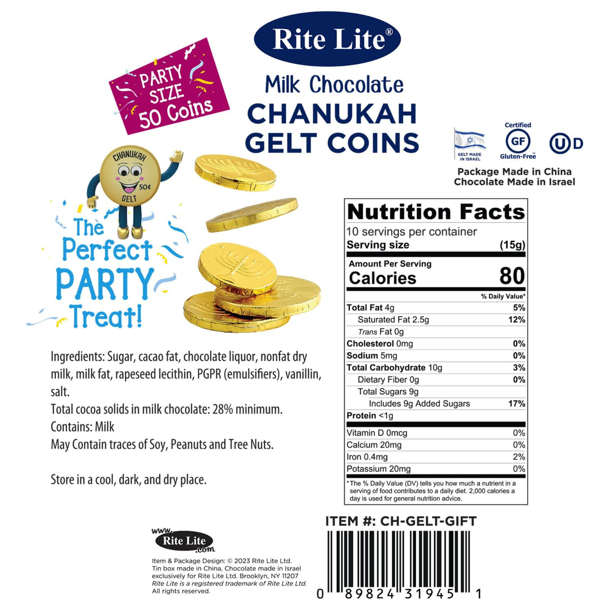 Hanukkah Chocolate Gelt Gold Collectible Tin with 3gr, 50 Gold Foiled Coins, Kosher Dairy Chanukah - Festive Jewish Holiday Party Favors Metal Tin