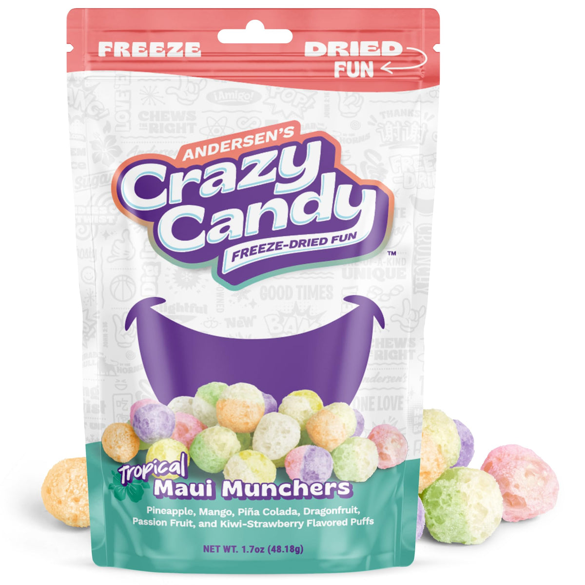 Freeze Dried Tropical Gummy Bears, Crazy Candy Maui Munchers - Pineapple Mango Dragon Fruit Flavors, Crunchy Fruit Candy, Resealable Package