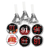 Happy 91st Birthday Party Favor Labels Chocolate Kisses Candy Stickers - 91 Years Old Birthday Round Candy Sticker Party Favors - Black and Red - 150