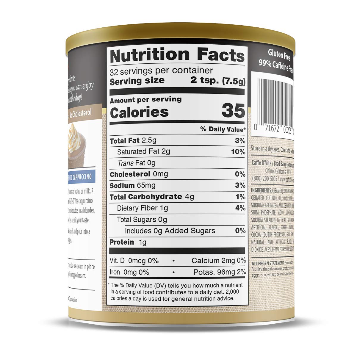 Caffe D’Vita Sugar Free Mocha Cappuccino Mix - Sugar Free Mocha Mix, Gluten Free, No Cholesterol, No Hydrogenated Oils, No Trans Fat, 99% Caffeine