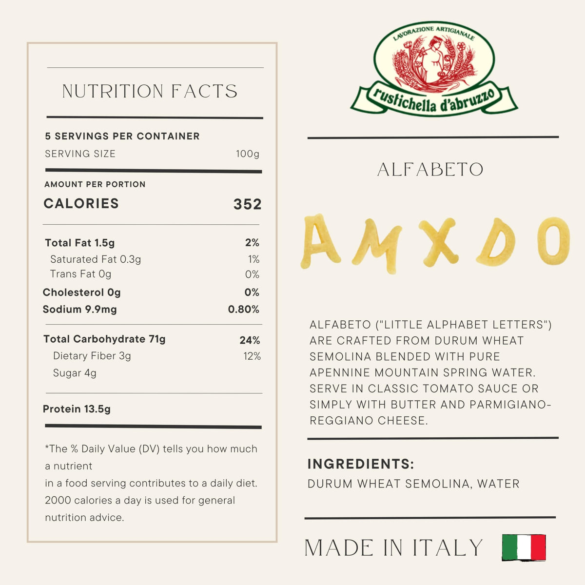 Rustichella D' Abruzzo Alfabeto Durum Wheat in Brown Paper Bag, 1.1 Pound