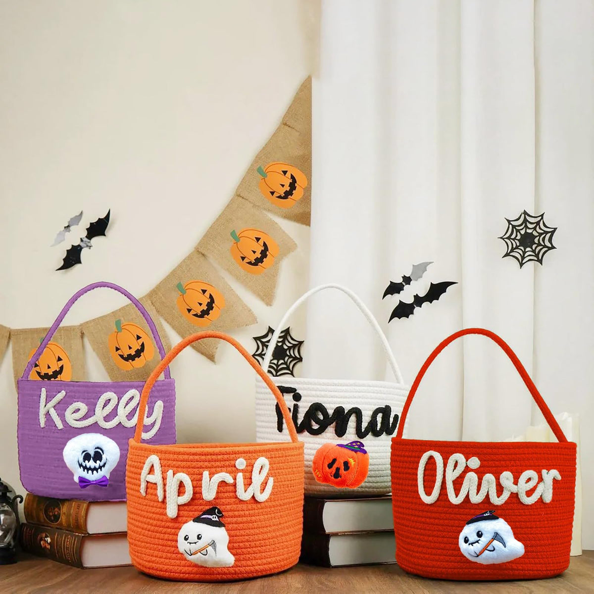 Personalized Halloween Basket for Kids Custom Trick or Treat Bags with Name Customized Woven Candy Bag with Handle Halloween Pumpkin Bucket Ghost