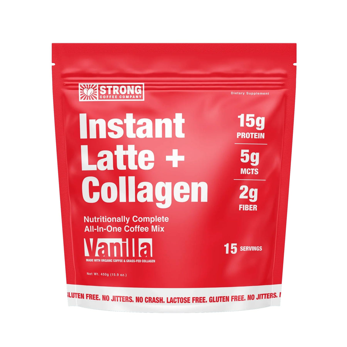 Strong Coffee Co. Vanilla Instant Latte | Organic Coffee with Collagen Protein | Lion’s Mane & L-Theanine | Adaptogens & Nootropics | 15 Servings