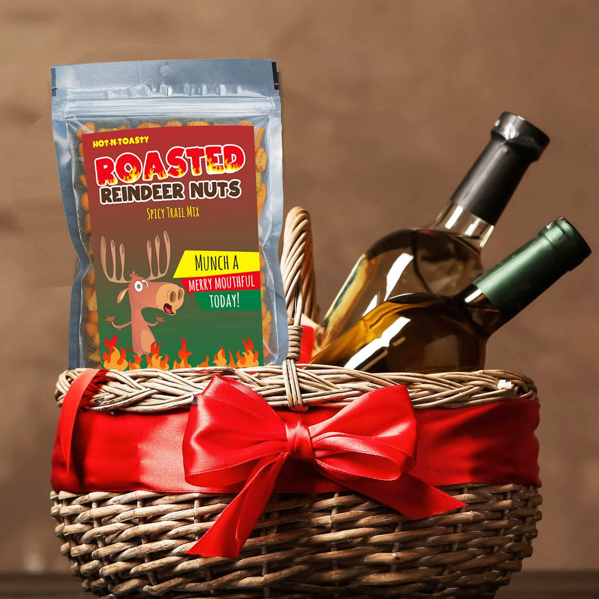 Roasted Reindeer Nuts Spicy Trail Mix - Funny holiday reindeer design - Edible gifts for Men - Spicy snack mix, Made in the USA