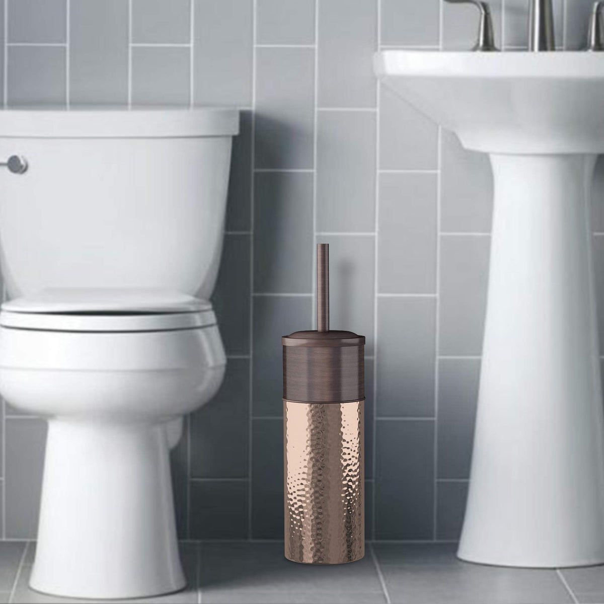nu steel Round Shape Stainless Steel Toilet Brush Holder for Bathroom Copper Color Finish Comes with a Complete Plastic Liner Inside to Prevent