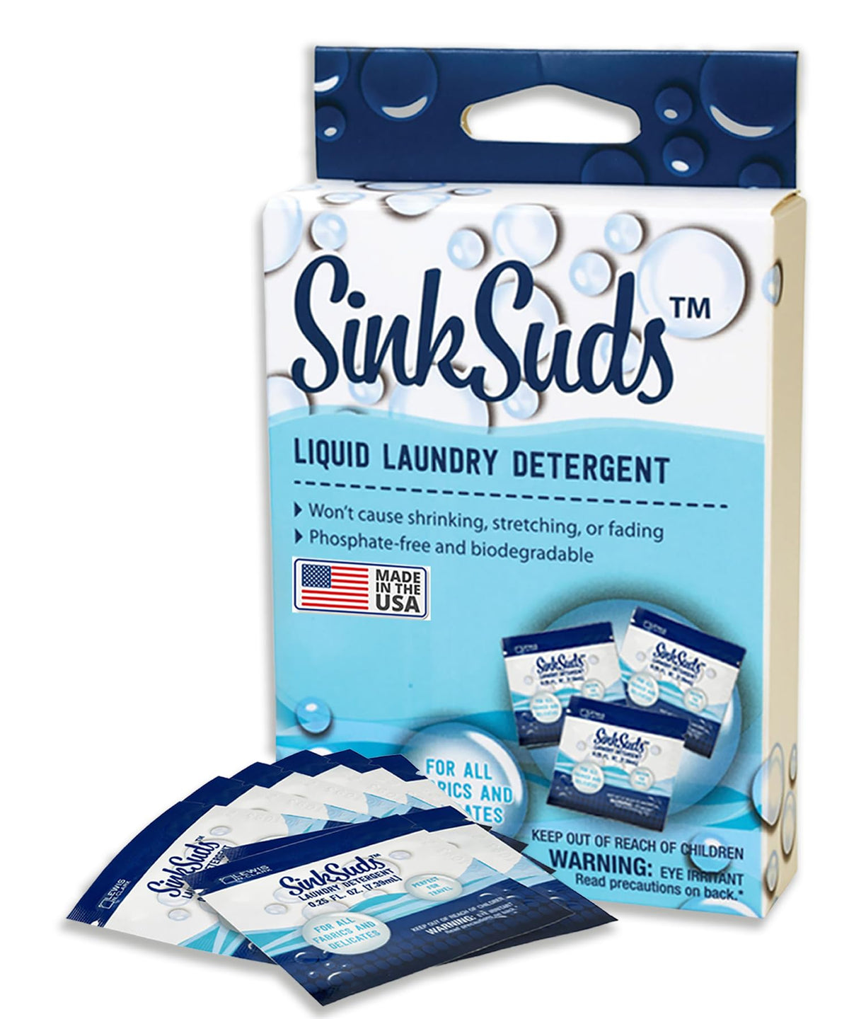 SinkSuds Laundry Detergent, Travel Size Liquid Soap, TSA Compliant, Safe For All Fabrics, 8 Packets (Packaging May Vary)