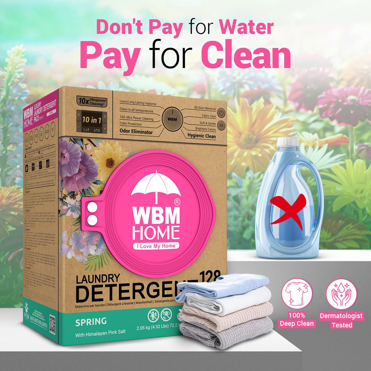 WBM Laundry Detergent Pods, Spring Fragrance Scent, 128 Count - HE Concentrated Laundry Pods With 10x Ultrapower Cleaning and 4D Laundry Stain Remover